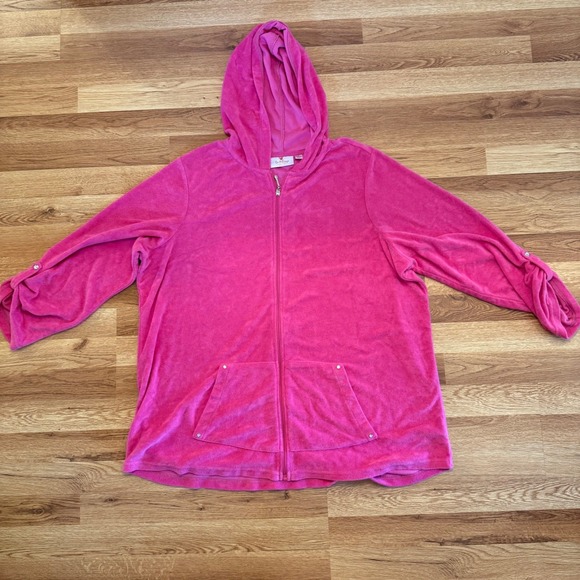 Quacker Factory 1X Pink Velour Zip Hoodie Rhinestone Cozy Loungewear Y2K - Picture 1 of 7